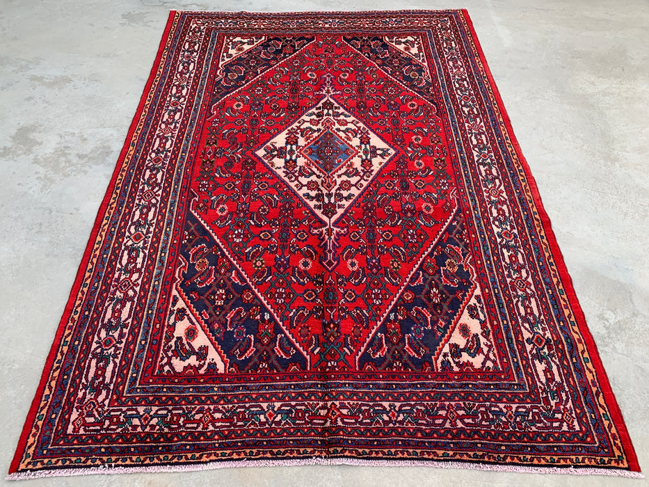 Handgemaakt Perzisch wollen vloerkleed 7x10 - Rood Perzisch tapijt met geometrisch medaillon en ivoorkleurige rand - Exacte afmeting 10'0" x 6'11" - KBHM-855