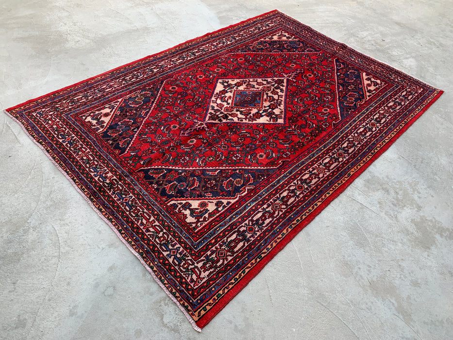 Handgemaakt Perzisch wollen vloerkleed 7x10 - Rood Perzisch tapijt met geometrisch medaillon en ivoorkleurige rand - Exacte afmeting 10'0" x 6'11" - KBHM-855