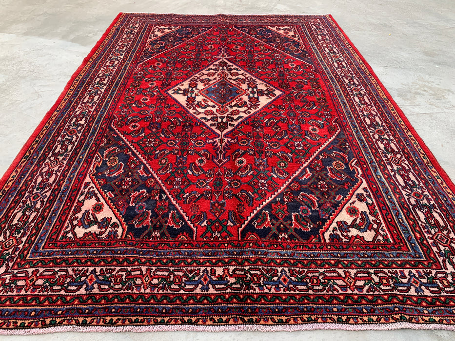 Handgemaakt Perzisch wollen vloerkleed 7x10 - Rood Perzisch tapijt met geometrisch medaillon en ivoorkleurige rand - Exacte afmeting 10'0" x 6'11" - KBHM-855