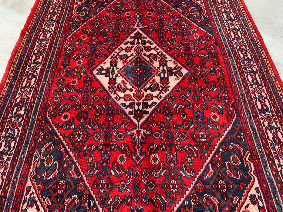 Handgemaakt Perzisch wollen vloerkleed 7x10 - Rood Perzisch tapijt met geometrisch medaillon en ivoorkleurige rand - Exacte afmeting 10'0" x 6'11" - KBHM-855