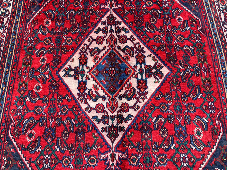 Handgemaakt Perzisch wollen vloerkleed 7x10 - Rood Perzisch tapijt met geometrisch medaillon en ivoorkleurige rand - Exacte afmeting 10'0" x 6'11" - KBHM-855
