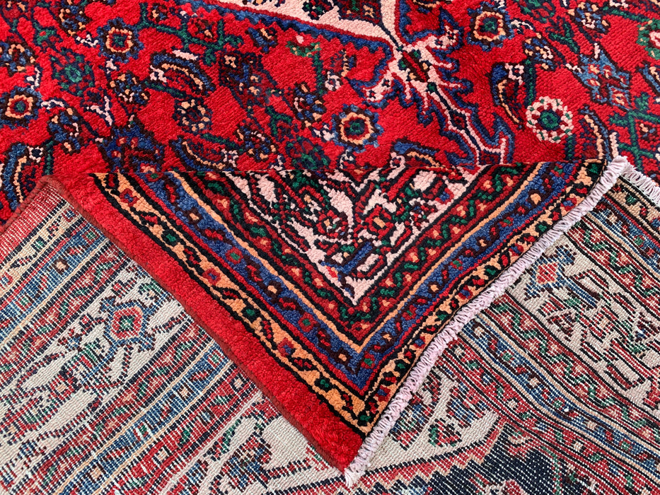 Handgemaakt Perzisch wollen vloerkleed 7x10 - Rood Perzisch tapijt met geometrisch medaillon en ivoorkleurige rand - Exacte afmeting 10'0" x 6'11" - KBHM-855
