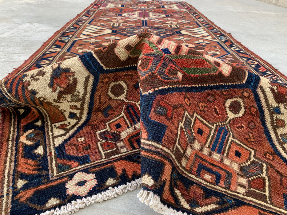 277 x 112 cm Handgeknoopt Perzisch wollen loper - Tribaal zeshoekig paneelontwerp in bruin & marineblauw - KBHM-856