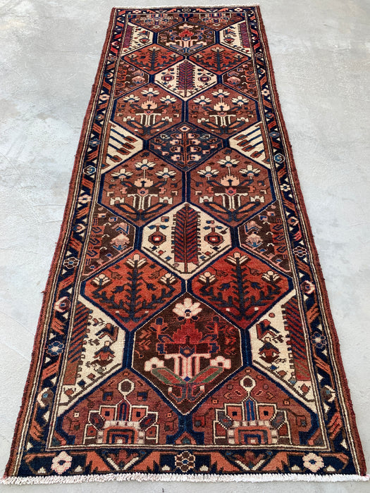 277 x 112 cm Handgeknoopt Perzisch wollen loper - Tribaal zeshoekig paneelontwerp in bruin & marineblauw - KBHM-856