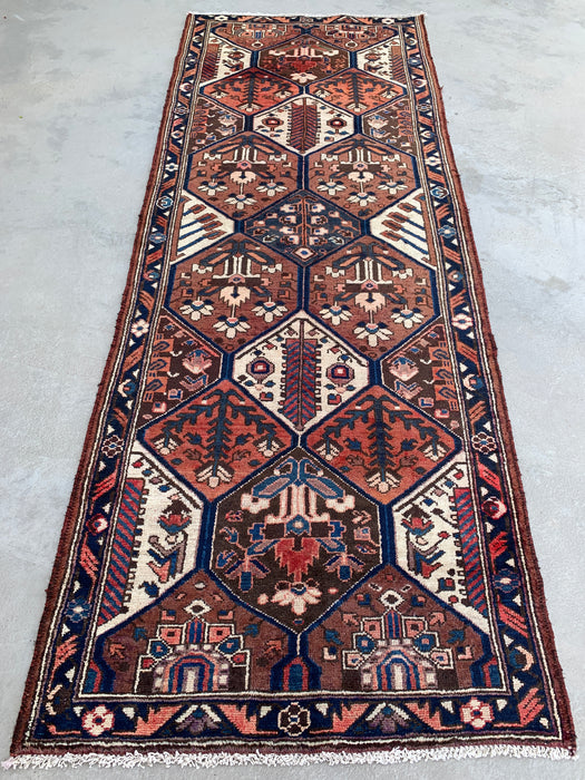 277 x 112 cm Handgeknoopt Perzisch wollen loper - Tribaal zeshoekig paneelontwerp in bruin & marineblauw - KBHM-856