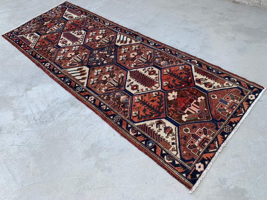 277 x 112 cm Handgeknoopt Perzisch wollen loper - Tribaal zeshoekig paneelontwerp in bruin & marineblauw - KBHM-856
