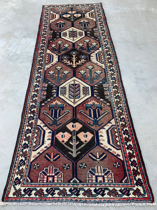 277 x 104 cm handgeknoopt Perzisch wollen loper - Tribaal zeshoekig ontwerp in bruin & marineblauw - KBHM-857