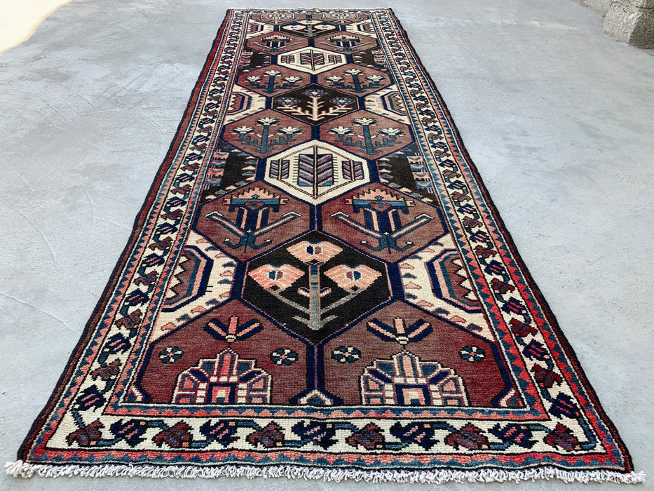277 x 104 cm handgeknoopt Perzisch wollen loper - Tribaal zeshoekig ontwerp in bruin & marineblauw - KBHM-857