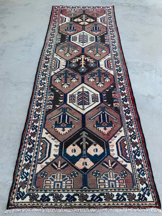 277 x 104 cm handgeknoopt Perzisch wollen loper - Tribaal zeshoekig ontwerp in bruin & marineblauw - KBHM-857