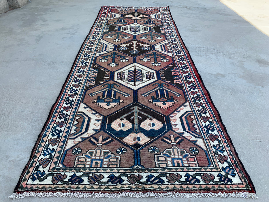 277 x 104 cm handgeknoopt Perzisch wollen loper - Tribaal zeshoekig ontwerp in bruin & marineblauw - KBHM-857