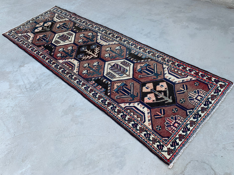 277 x 104 cm handgeknoopt Perzisch wollen loper - Tribaal zeshoekig ontwerp in bruin & marineblauw - KBHM-857