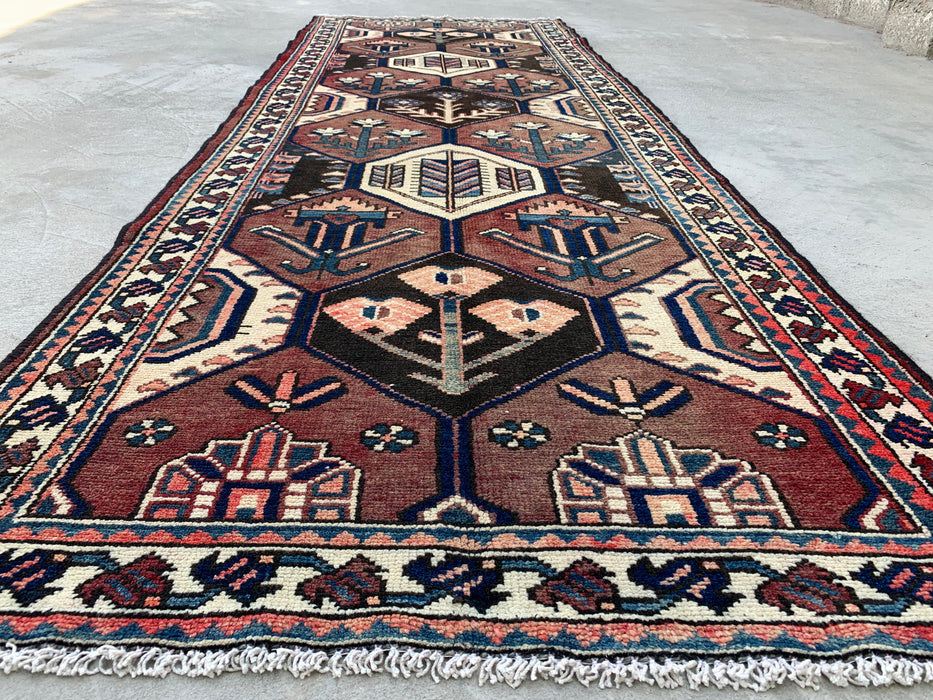 277 x 104 cm handgeknoopt Perzisch wollen loper - Tribaal zeshoekig ontwerp in bruin & marineblauw - KBHM-857