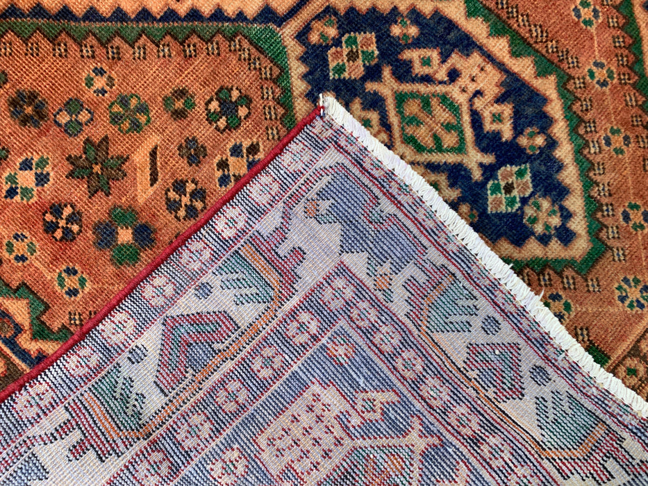 6'4 x 4'8 handgeknoopt Perzisch wollen tapijt - Beige geometrisch medaillonontwerp met marineblauwe & groene accenten - KBHM-858