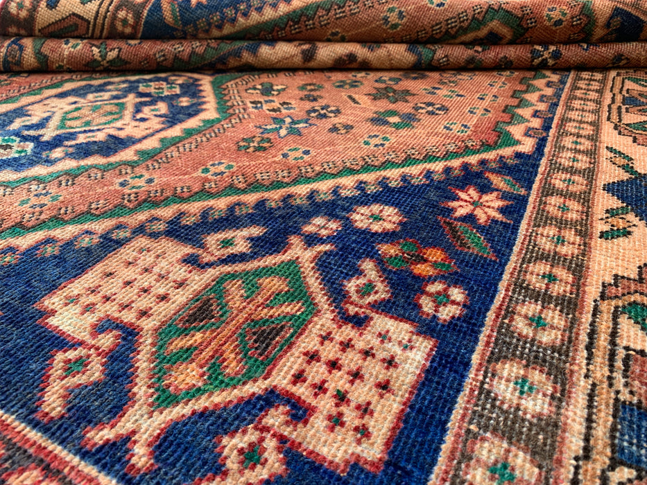 6'4 x 4'8 handgeknoopt Perzisch wollen tapijt - Beige geometrisch medaillonontwerp met marineblauwe & groene accenten - KBHM-858