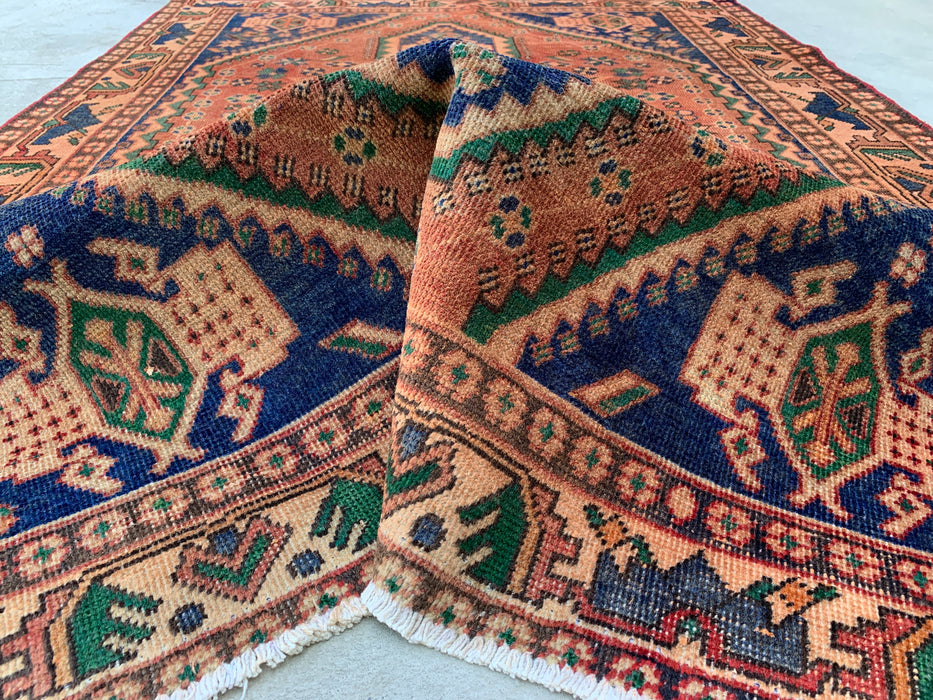 6'4 x 4'8 handgeknoopt Perzisch wollen tapijt - Beige geometrisch medaillonontwerp met marineblauwe & groene accenten - KBHM-858