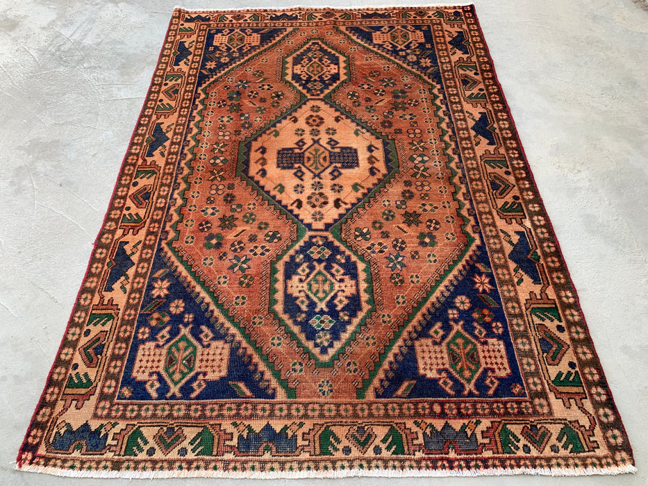 6'4 x 4'8 handgeknoopt Perzisch wollen tapijt - Beige geometrisch medaillonontwerp met marineblauwe & groene accenten - KBHM-858