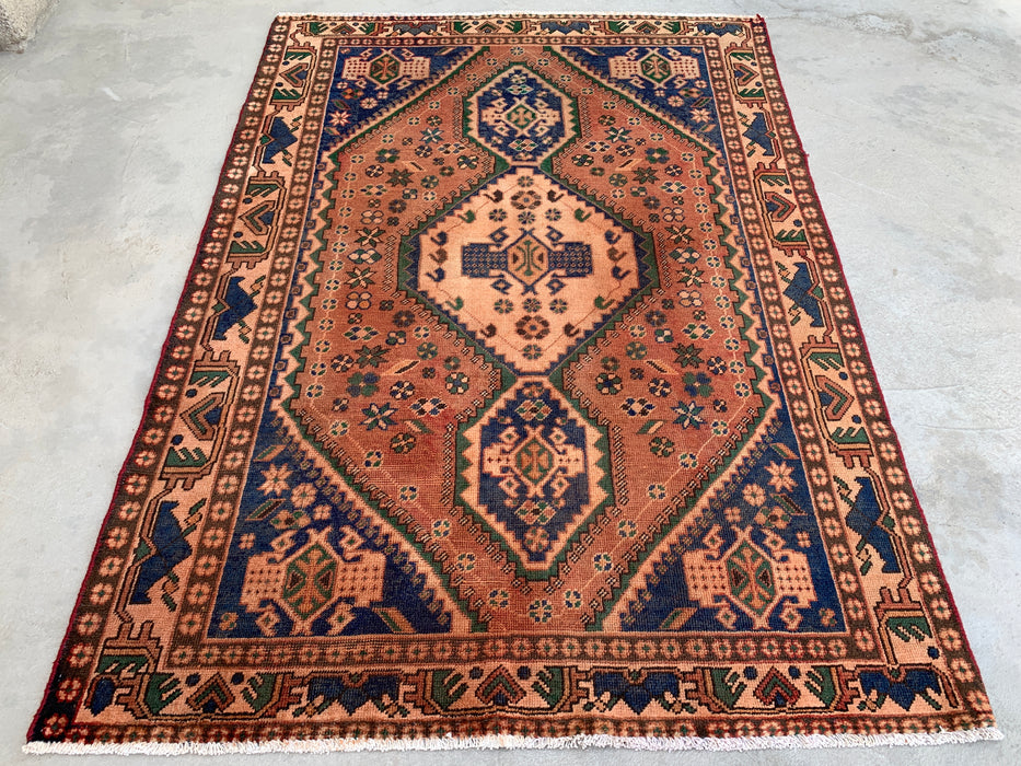 6'4 x 4'8 handgeknoopt Perzisch wollen tapijt - Beige geometrisch medaillonontwerp met marineblauwe & groene accenten - KBHM-858
