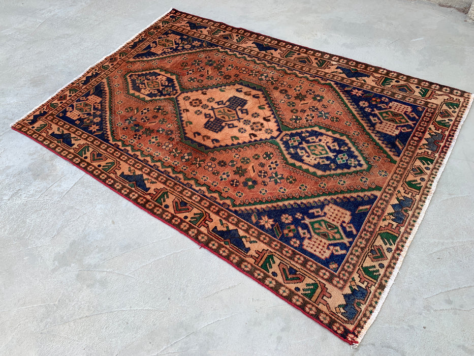 6'4 x 4'8 handgeknoopt Perzisch wollen tapijt - Beige geometrisch medaillonontwerp met marineblauwe & groene accenten - KBHM-858