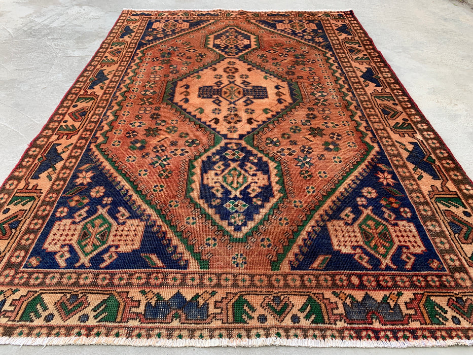 6'4 x 4'8 handgeknoopt Perzisch wollen tapijt - Beige geometrisch medaillonontwerp met marineblauwe & groene accenten - KBHM-858