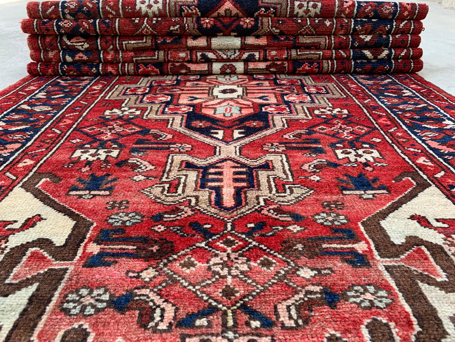 12'7 x 3'6 Handgeknoopt Perzisch wollen loper - Rood geometrisch tribaal medaillonontwerp - KBHM-860
