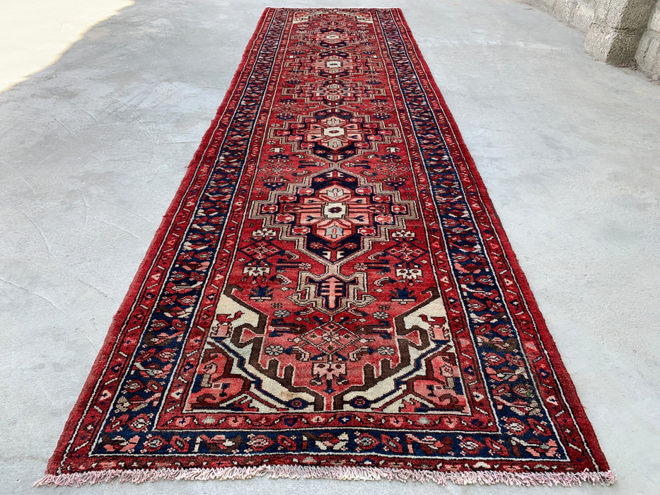12'7 x 3'6 Handgeknoopt Perzisch wollen loper - Rood geometrisch tribaal medaillonontwerp - KBHM-860