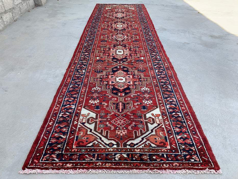 12'7 x 3'6 Handgeknoopt Perzisch wollen loper - Rood geometrisch tribaal medaillonontwerp - KBHM-860