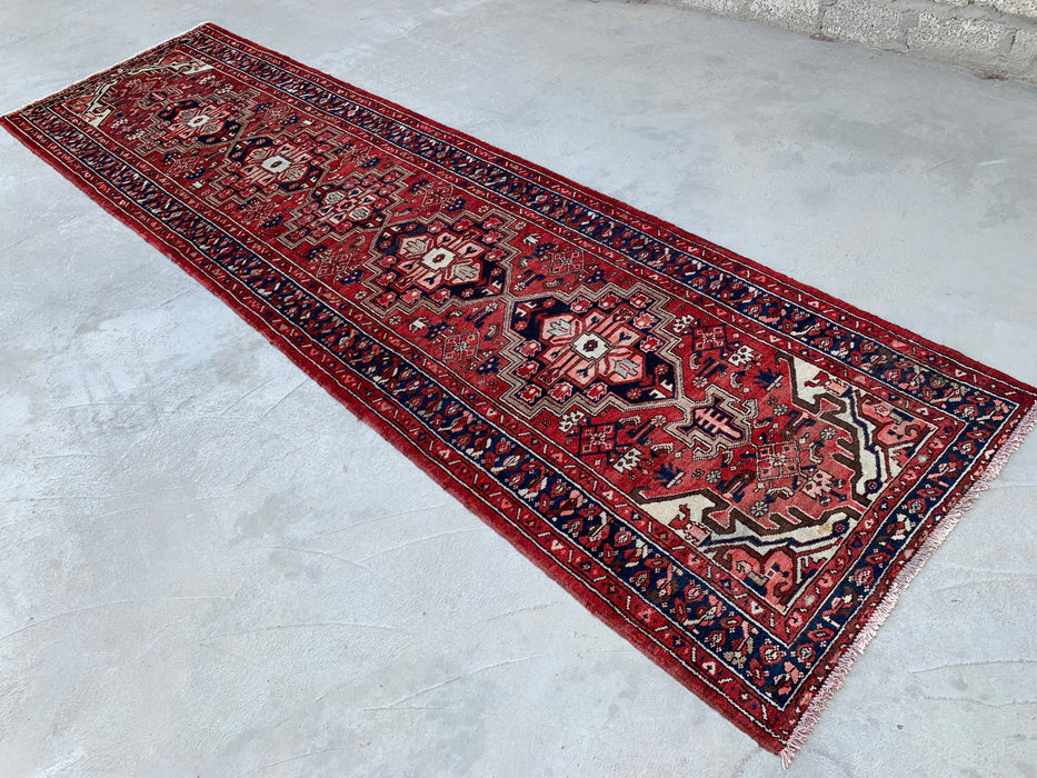12'7 x 3'6 Handgeknoopt Perzisch wollen loper - Rood geometrisch tribaal medaillonontwerp - KBHM-860