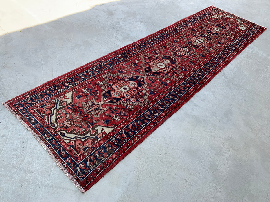 12'7 x 3'6 Handgeknoopt Perzisch wollen loper - Rood geometrisch tribaal medaillonontwerp - KBHM-860