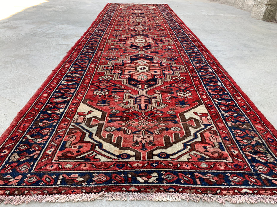12'7 x 3'6 Handgeknoopt Perzisch wollen loper - Rood geometrisch tribaal medaillonontwerp - KBHM-860