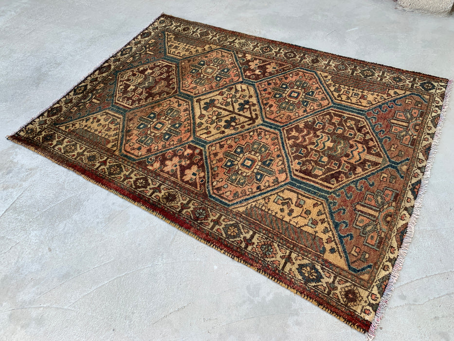 6'1 x 4'5 handgeknoopt Perzisch wollen tapijt - Beige stammen-hexagonontwerp met bruine & blauwe accenten - KBHM-861