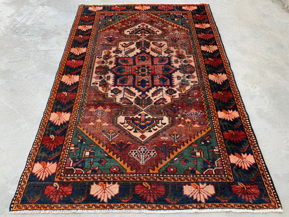 6'8 x 4'6 handgeknoopt Perzisch wollen tapijt - Bruin tribaal medaillonontwerp met groene & marineblauwe rand - KBHM-863