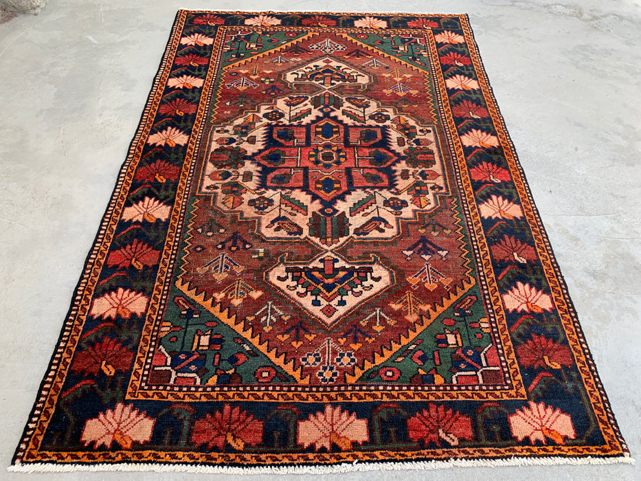 6'8 x 4'6 handgeknoopt Perzisch wollen tapijt - Bruin tribaal medaillonontwerp met groene & marineblauwe rand - KBHM-863