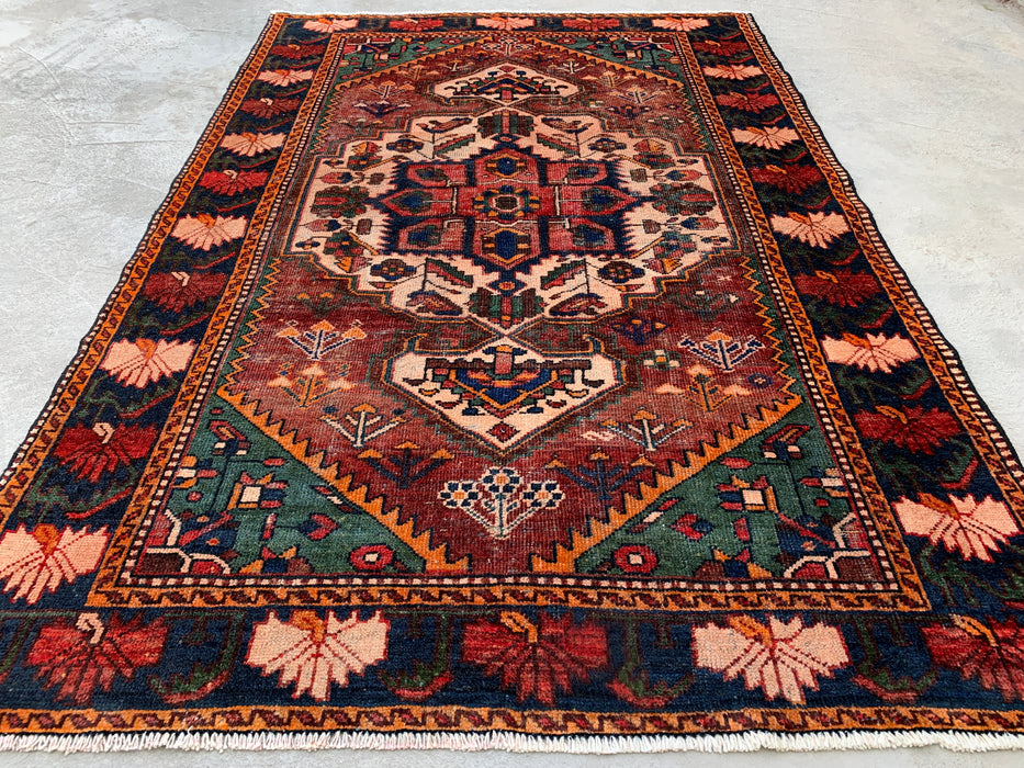 6'8 x 4'6 handgeknoopt Perzisch wollen tapijt - Bruin tribaal medaillonontwerp met groene & marineblauwe rand - KBHM-863