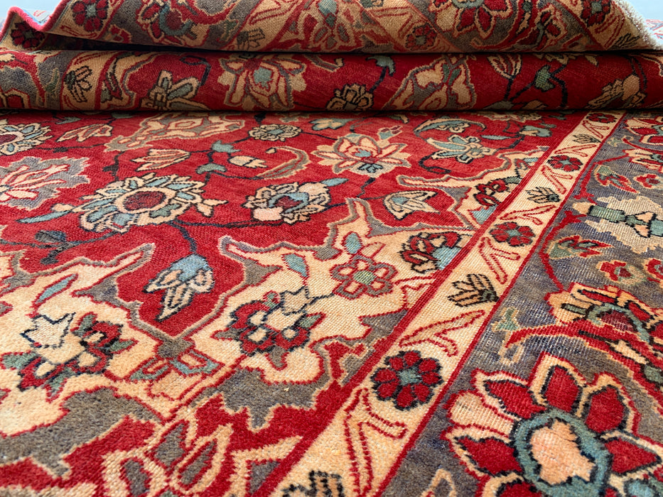 6'11 x 4'7 Handgeknoopt Perzisch wollen tapijt - Rood floraal medaillonontwerp met grijze rand - KBHM-870