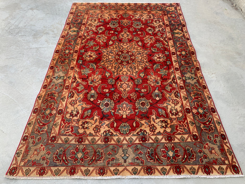 6'11 x 4'7 Handgeknoopt Perzisch wollen tapijt - Rood floraal medaillonontwerp met grijze rand - KBHM-870