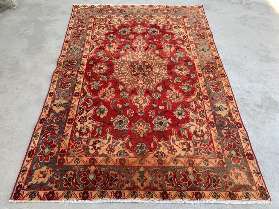 6'11 x 4'7 Handgeknoopt Perzisch wollen tapijt - Rood floraal medaillonontwerp met grijze rand - KBHM-870