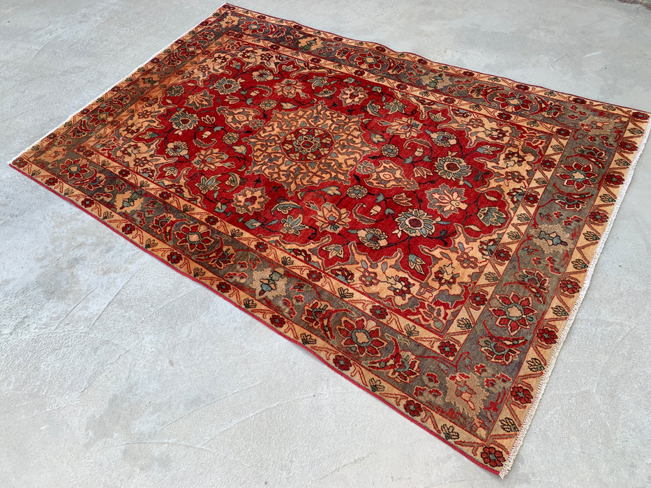 6'11 x 4'7 Handgeknoopt Perzisch wollen tapijt - Rood floraal medaillonontwerp met grijze rand - KBHM-870