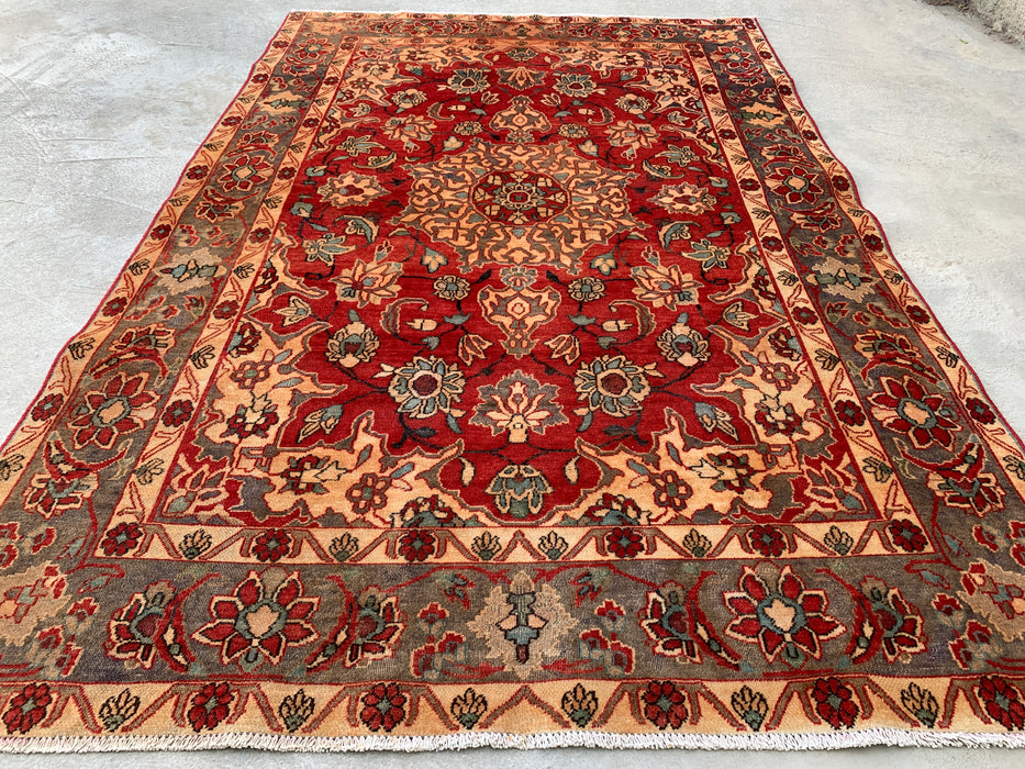 6'11 x 4'7 Handgeknoopt Perzisch wollen tapijt - Rood floraal medaillonontwerp met grijze rand - KBHM-870