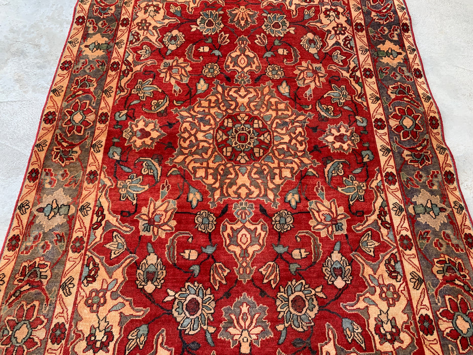 6'11 x 4'7 Handgeknoopt Perzisch wollen tapijt - Rood floraal medaillonontwerp met grijze rand - KBHM-870
