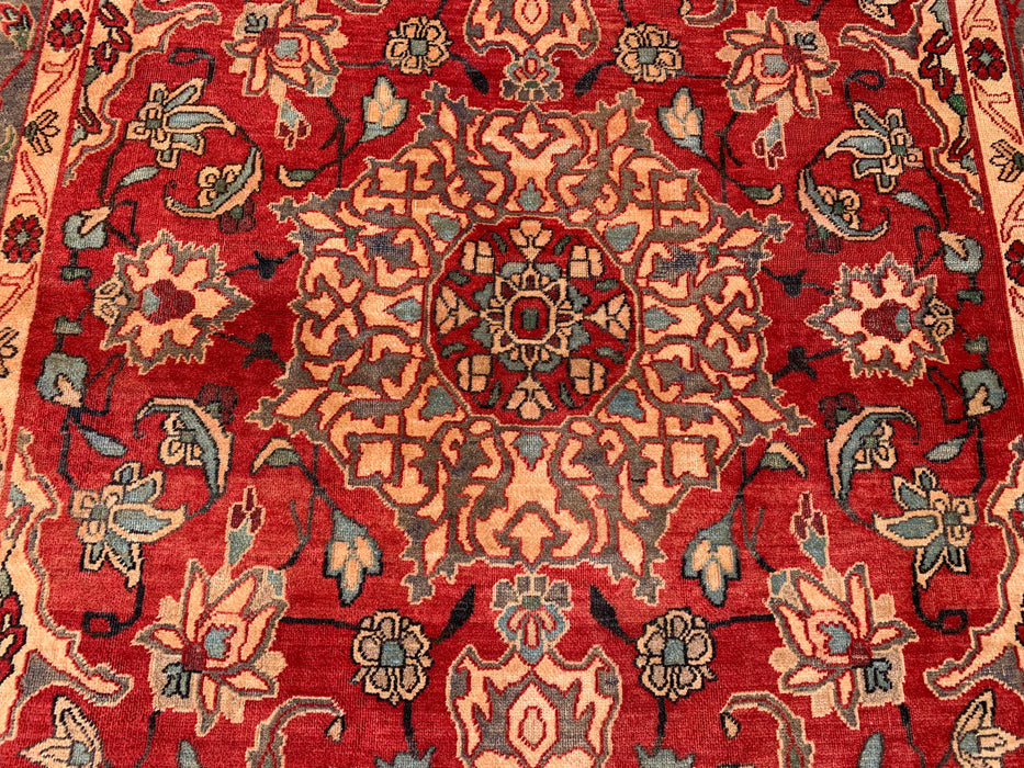 6'11 x 4'7 Handgeknoopt Perzisch wollen tapijt - Rood floraal medaillonontwerp met grijze rand - KBHM-870