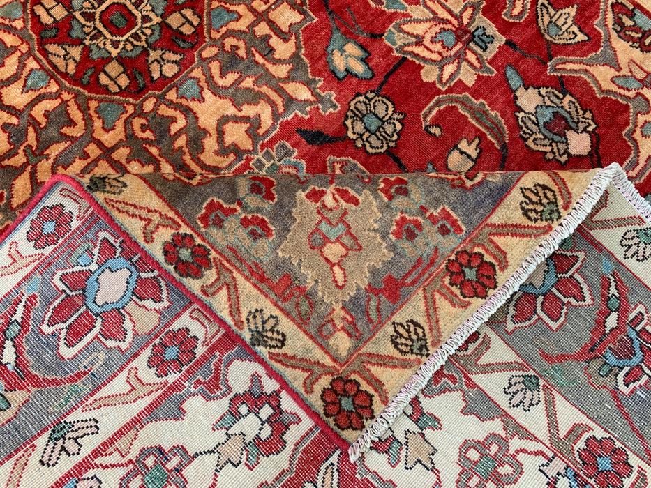 6'11 x 4'7 Handgeknoopt Perzisch wollen tapijt - Rood floraal medaillonontwerp met grijze rand - KBHM-870
