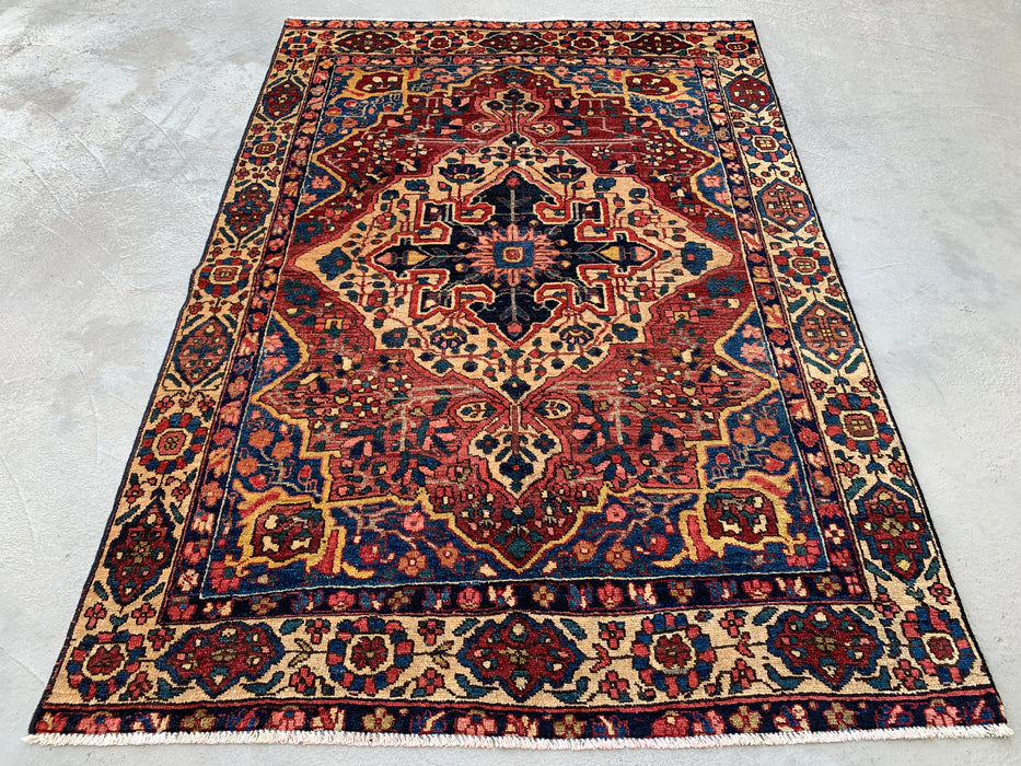 6'6 x 4'6 handgeknoopt Perzisch wollen tapijt - Rood geometrisch medaillonontwerp met ivoorkleurige rand - KBHM-871
