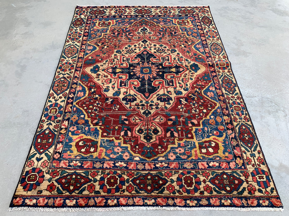 6'6 x 4'6 handgeknoopt Perzisch wollen tapijt - Rood geometrisch medaillonontwerp met ivoorkleurige rand - KBHM-871