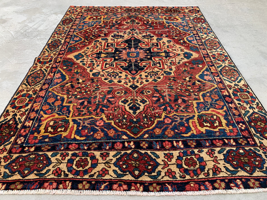 6'6 x 4'6 handgeknoopt Perzisch wollen tapijt - Rood geometrisch medaillonontwerp met ivoorkleurige rand - KBHM-871