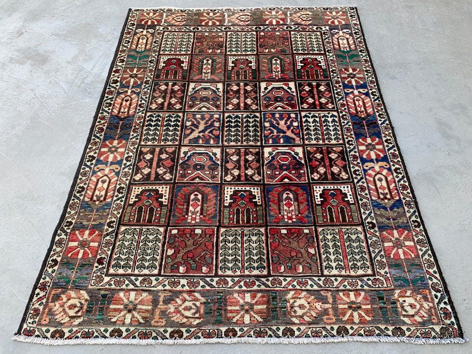 6'9 x 4'6 Hand-Knotted Persian Wool Rug - Brown Panel Design with Ivory Border - KBHM-872