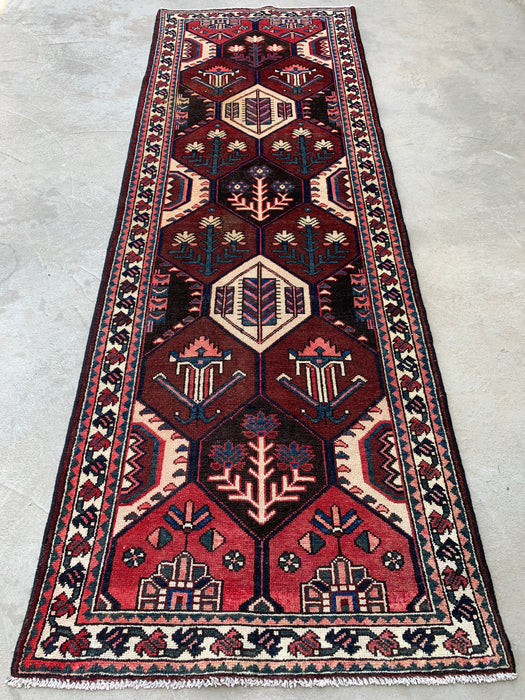 9'10 x 3'5 handgeknoopte Perzische wollen loper - Tribaal zeshoekig ontwerp in bruin, rood & ivoor - KBHM-873
