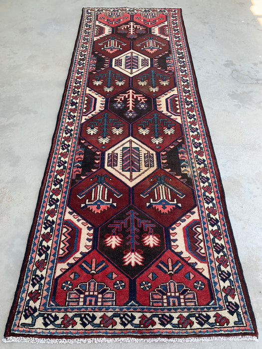 9'10 x 3'5 handgeknoopte Perzische wollen loper - Tribaal zeshoekig ontwerp in bruin, rood & ivoor - KBHM-873