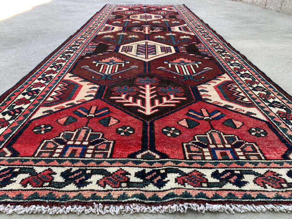 9'10 x 3'5 handgeknoopte Perzische wollen loper - Tribaal zeshoekig ontwerp in bruin, rood & ivoor - KBHM-873