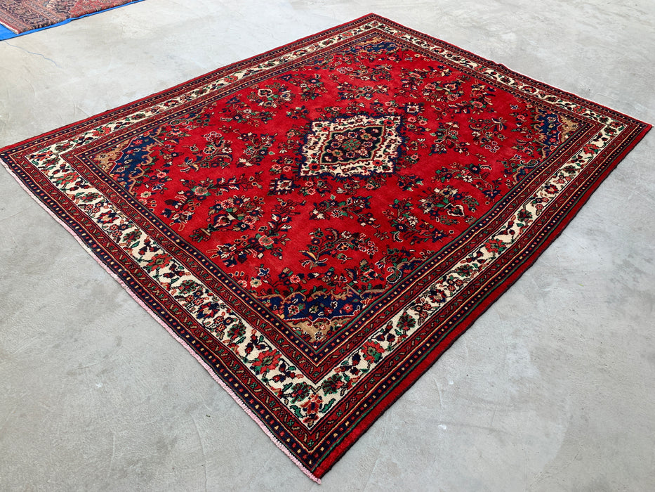 11'4 x 8'9 Hand-Knotted Persian Wool Rug - Red Floral Medallion Design with Ivory Border - KBHM-874