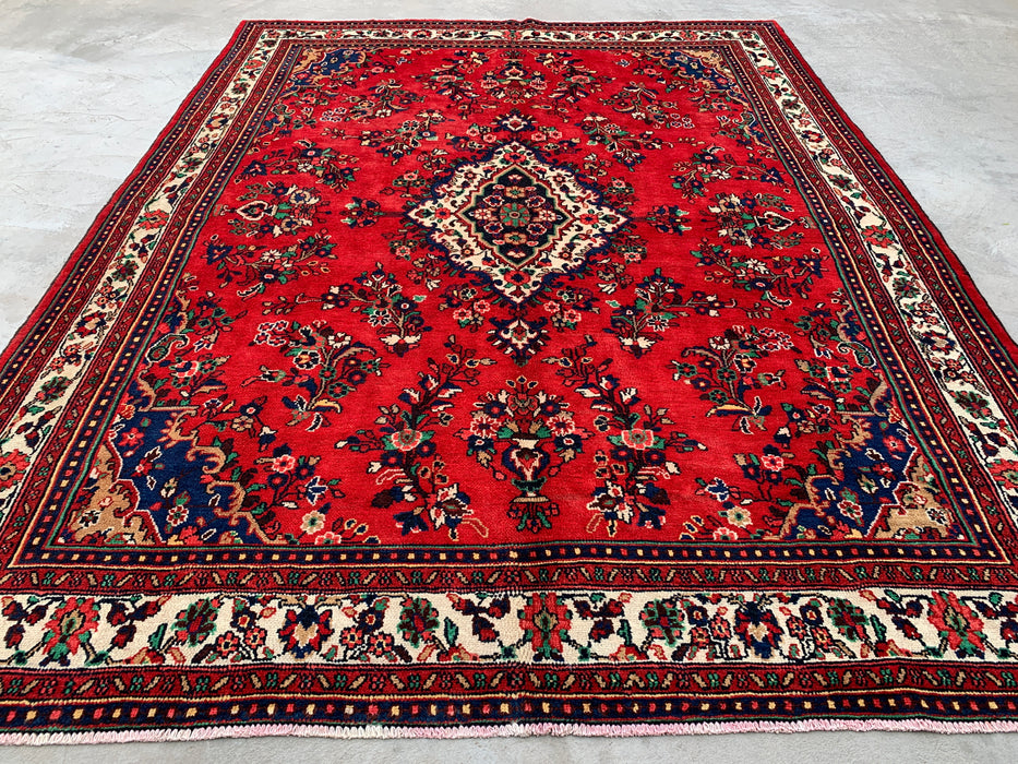 11'4 x 8'9 Hand-Knotted Persian Wool Rug - Red Floral Medallion Design with Ivory Border - KBHM-874